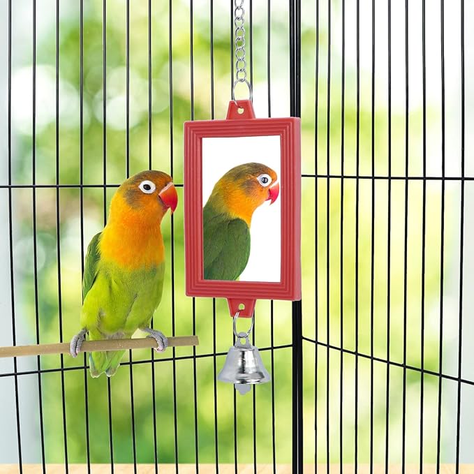 4 PCS Bird Mirror with Bell Parrot Hanging Interactive Playing Toy for Cockatiel Parakeets Canaries Budgie Cage Accessories-Mewly Pet
