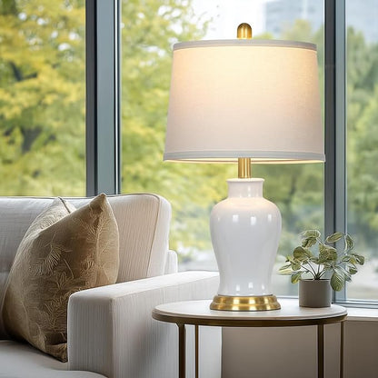 White Ceramic Table Lamps Set of 2, 23" Modern Ceramic Bedside Lamps with Ginger Jar Design, Farmhouse Lamp for Living Room End Table, Elegant Bedroom Lamp for Nightstand Desk Side Home Decor
