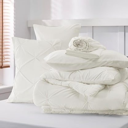 Bedsure Twin Comforter Set Ivory - Bed in a Bag Twin Size Bedding 5 Pieces, GentleSoft™ Pintuck Bed Set Gift for Family, Pinch Pleat Ivory Comforter with Sheets, Pillowcase & Sham