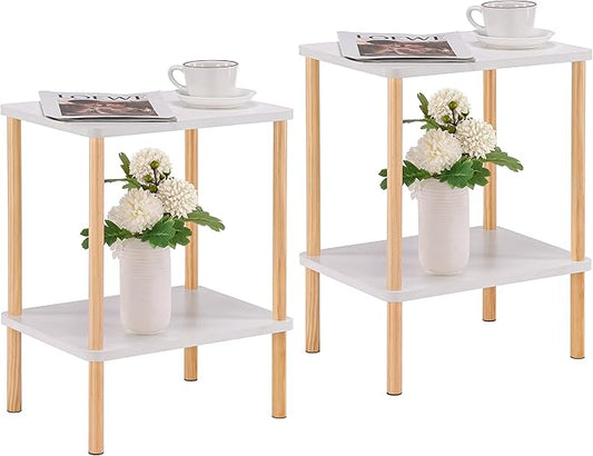 Apicizon 2 Tier End Table Set of 2, Small Side Table with Solid Wood Legs, Boho Bedside Table with Storage Shelf, Nightstand for Small Spaces, Bedroom, Living Room, Entryway, White+Natural