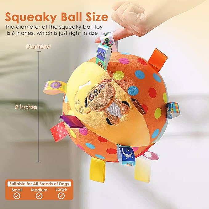 Dog Squeaky Plush Toy with Straps, 6-Inch Soft Stuffed Ball with Cotton Material and Bell Built-in, Pet Interactive Fetch Toy for Small to Large Dog-Mewly Pet