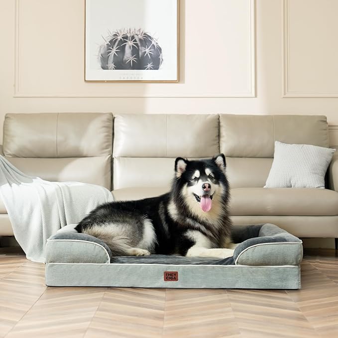 EHEYCIGA Orthopedic Dog Beds for Extra Large Dogs, Waterproof Memory Foam XXL Dog Bed with Sides, Non-Slip Bottom and Egg-Crate Foam Big Pet Couch Bed with Washable Removable Cover, Greyish Green-Mewly Pet