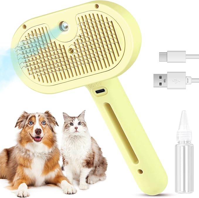 3 in 1 Cat Steam Brush, Pet Spray Hair Removal Comb for Shedding & Grooming, Water Brush for Cats Dogs Small Animals Long Short Haired with One-Click Release Button(Yellow)-Mewly Pet