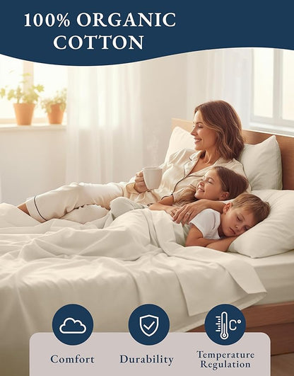 LANE LINEN 100% Organic Cotton Queen Sheets, 4Pc Cotton Sheets Set, Classic Percale Weave Bedsheets Queen Size Bed, Soft Breathable Sheet & Pillowcase Sets, Deep Pocket 15" - Natural