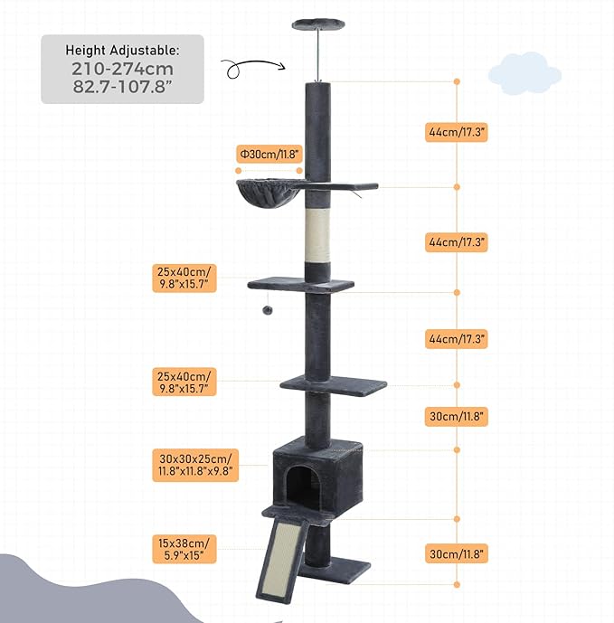 PEQULTI Floor to Ceiling Cat Tree, Tall Cat Tower, Adjustable Height (83''-108'') 5 Levels Climbing Tree for Indoor Cats with Cat Condo, Cozy Hammock and Scratching Post, Smoky Grey-Mewly Pet