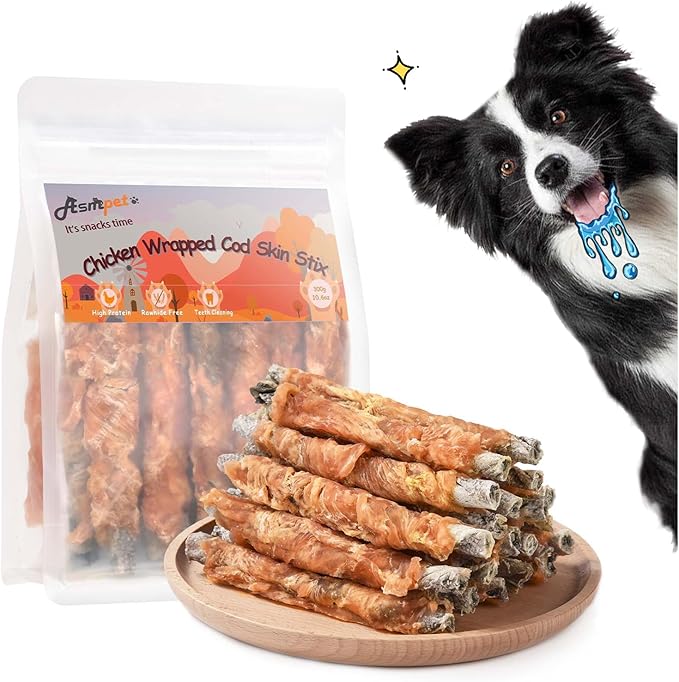 ASMPET Dog Treats Chews, Chicken Wrapped Cod Skin Sticks, Rawhide Free Cod Skin Treats for Dogs, 10.6 oz-Mewly Pet