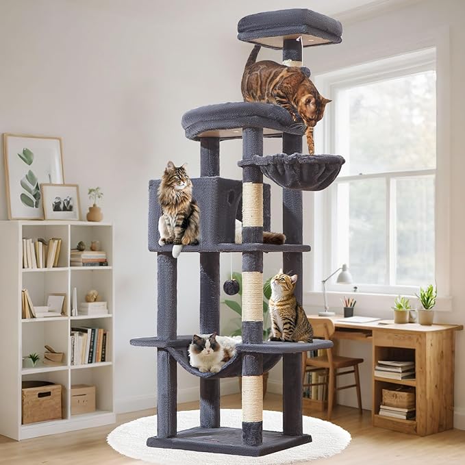 Taoqimiao MS042G Cat Tree,66-inch Large Cat Tower with Scratching Posts, Luxurious Large Platform for Big Cats with Soft Hammock, Adjustable Basket, Deluxe Cat Cando, Top Perch Smoke Gray-Mewly Pet