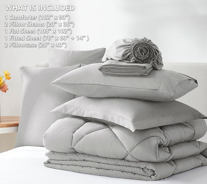CozyLux King Size Comforter Set Light Grey - 7 Pieces Bed in a Bag King, Luxury Soft Bed Set for All Seasons, Bedding Set with Down Alternative Comforter, Sheets, Pillowcases & Shams