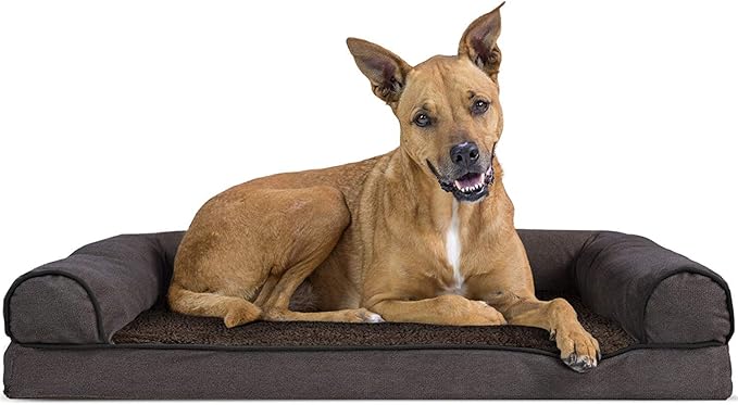Furhaven Orthopedic Dog Bed for Large/Medium Dogs w/ Removable Bolsters & Washable Cover, For Dogs Up to 55 lbs - Sherpa & Chenille Sofa - Coffee, Large-Mewly Pet