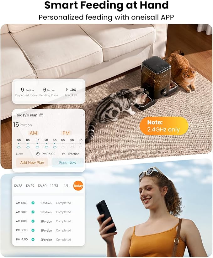 oneisall Wireless WiFi Automatic Cat Feeders 2 Cat, Rechargeable 100-Day Battery Operated Timed Cats Feeder, 20 Cups/5L Cats Food Dispenser Automatic for Large Kibble, Smart App Control.-Mewly Pet