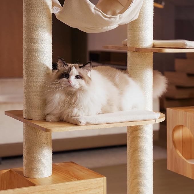 Wood Cat Tree for Indoor Cats, Modern Cat Tower, Unique Cat Condo with House, Tall Luxury Furniture with Heavy Duty Wide Base, Kraft Paper Rope Scratching Post, Removable Cushion (96.5-118.1 inch)-Mewly Pet