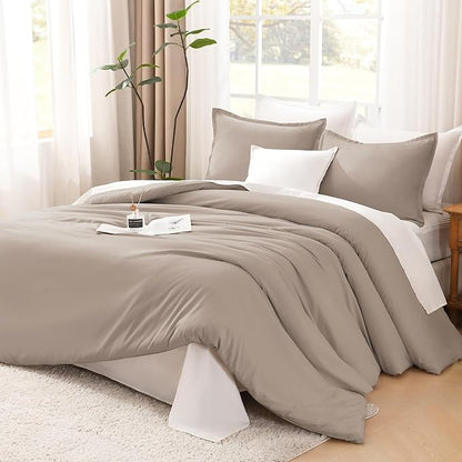 Litanika Light Coffee Oversized King Comforters Super King Size, 3 Pieces Lightweight Solid Bedding Comforter Set, All Season Fluffy Bed Set (120x120In Comforter & 2 Pillowcases)