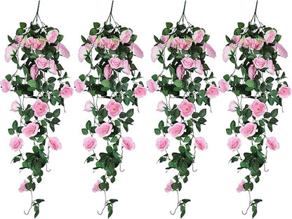 RECUTMS 4PCS Artificial Rose Vine Hanging Plants Fake Flower Outdoor Flowers UV Resistant for Indoor Outside Garden Porch Window Box Home Wedding Farmhouse (Pink)