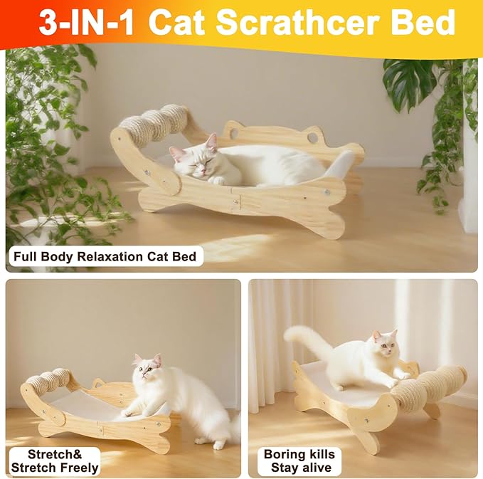 Cat Scratcher Bed for Indoor Cats | 3-in-1 Scratching Post & Hammock Lounge with Wooden Perch, No-Tip Stable Base for Small/Medium/Large Cats ，Durable Scratch Pad & Cat Furniture (Easy Assembly)-Mewly Pet