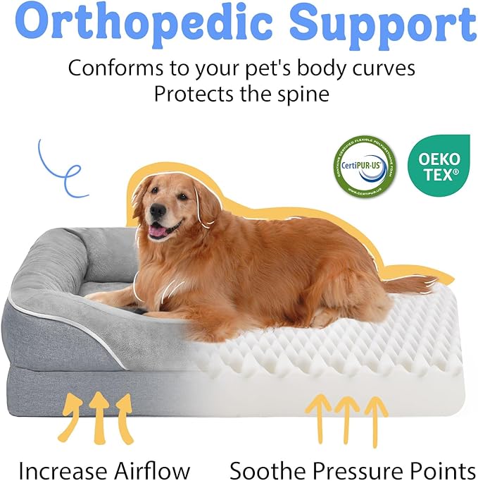 Orthopedic Washable Large Dog Bed - Egg Foam Dog Beds for Large and Medium Dogs Big Pet Beds with Removable Washable Cover and Bolster for Extra Large Dogs-Mewly Pet