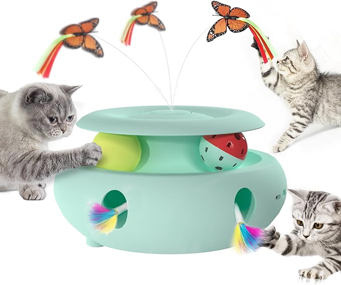 Cat Toys,3-in-1 Interactive Cat Toys for Indoor Cats,Rechargeable Automatic Interactive Cat Toy with Fluttering Butterfly,Smart Sensor 6 Holes Mice Whack-A-Mole and Track Balls,Blue-Mewly Pet