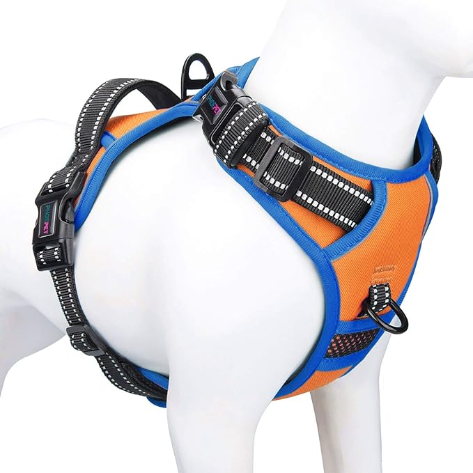 PHOEPET 2019 Reflective Dog Harness Large Breed Adjustable No Pull Vest with with Handle 2 Metal Rings 3 Buckles [Easy to Put on & Take Off](L, Orange)-Mewly Pet