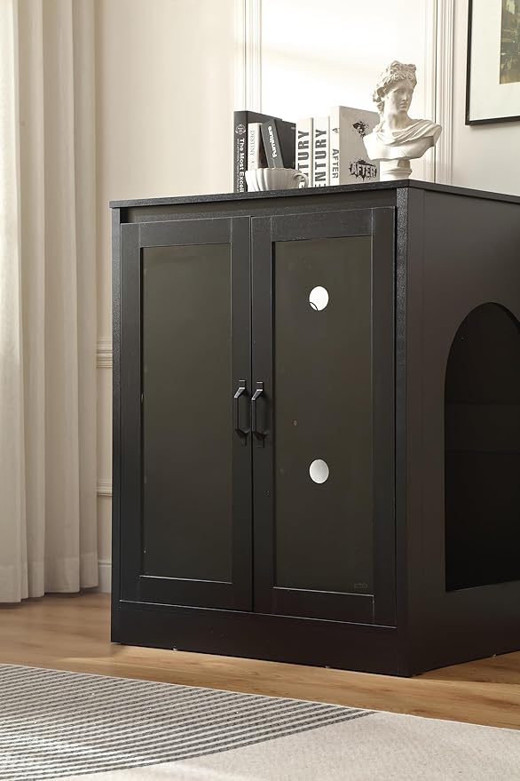 Cat Litter Robot Enclosure with Glass Cat-Observant Doors,Litter Robot Cabinet with Reversible and Optional Entry(Left or Right),Cozy LED for Cats,Power Outlet for More Choice, Black-Mewly Pet