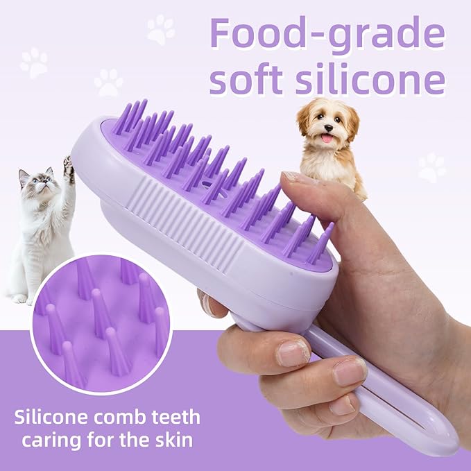 4-in-1 Rechargeable Anti-Dandruff Pet Steam Brush — brush for sheddingCats & Dogs,pet hair removal tool. Integrating functions of massage,clean, hair grooming and anti-static (purple)-Mewly Pet