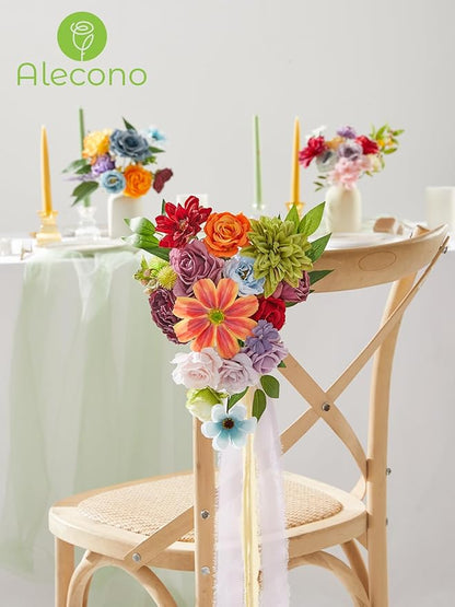 Alecono Artificial Flowers, Colorful Combo Silk Fake Flowers with Stems for DIY Wedding Bridal Bouquets, Floral Arrangement Home Cake Decor