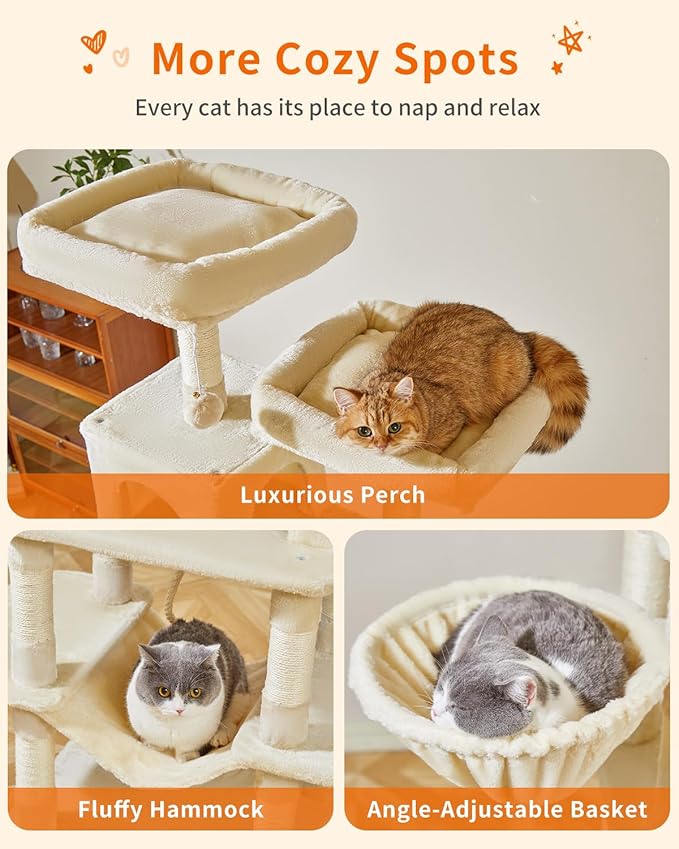 Taoqimiao Cat Tree, 71.7-Inch Cat Tower for Indoor Cats, Plush Multi-Level Cat Condo with 13 Scratching Posts, 2 Perches, 2 Caves, Hammock, 2 Pompoms,Beige MS013LM-Mewly Pet