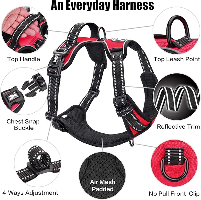 PoyPet No Pull Dog Harness, Reflective Comfortable Vest Harness with Front & Back 2 Leash Attachments and Easy Control Handle Adjustable Soft Padded Pet Vest for Small to Large Dogs (Red,S)-Mewly Pet