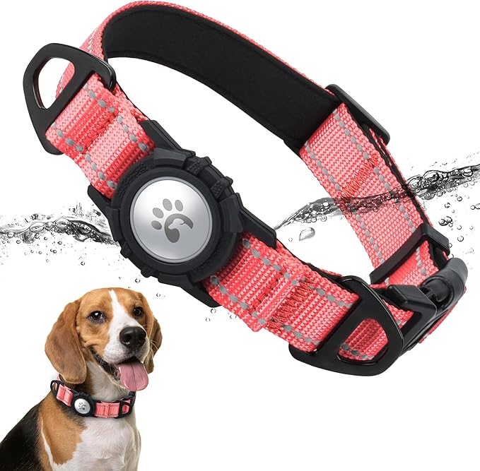 TagME Airtag Dog Collar,Waterproof Reflective Pet Collar with Airtag Holder,Soft Padded and Double D-Rings for Medium Dogs,Baby Pink-Mewly Pet