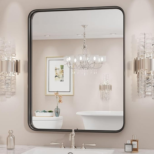 Sweetcrispy Black Bathroom Vanity Mirror for Wall, 24x36 Inch Metal Framed Wall Mirror Farmhouse Rectangle, Anti-Rust, Tempered Glass, Hangs Horizontally or Vertically