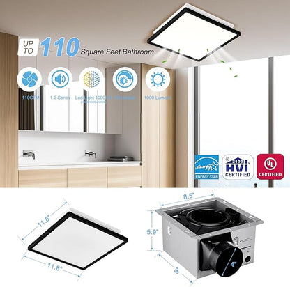 Tech Drive Modern Black Bathroom Exhaust Fan with Light, 110CFM, 1.2Sone, 1000lm Dimmable 3CCT LED Light, Energy Star Certified,Decorative Black Trim