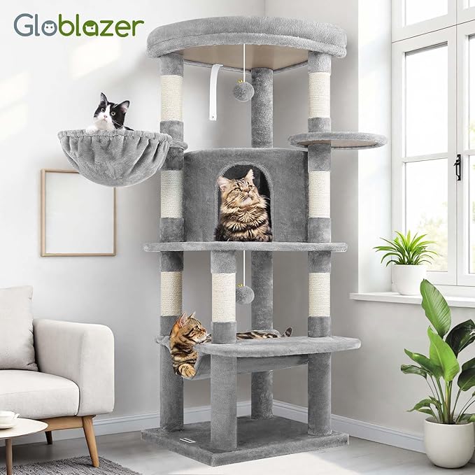 Globlazer Corner Cat Tree Tower for Indoor Cats, 51in Multi-Level Cat Condo Tower with Large Hammock, 7 Sisal Scratching Posts, Oversized Top Perch, Spacious Cat Cave, Hanging Basket, C51, Light Gray-Mewly Pet