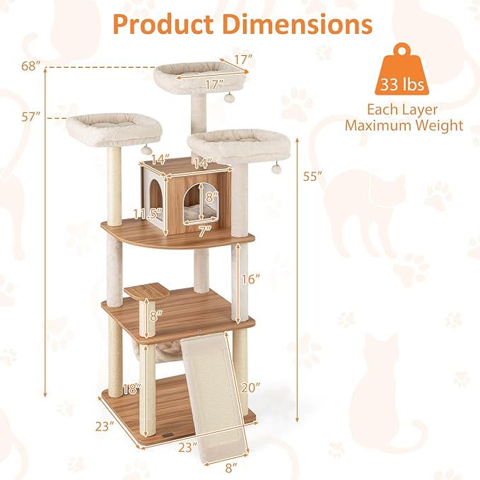 PETSITE 68 Inch Modern Tall Cat Tree for Indoor Cats, Multi-Level Wooden Cat Tree Tower with Sisal Scratching Posts, 3 Top Perches, Cat Condo, Comfy Hammock, Sisal Ramp, and Jingling Balls-Mewly Pet