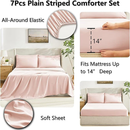 CozyLux Queen Comforter Set Blush Pink, 7 Pieces Bed in a Bag, Pink Comforter Queen Size, All Season Bedding Sets with Stitch Quilted Comforter, Flat Sheet, Fitted Sheet, Pillowcases
