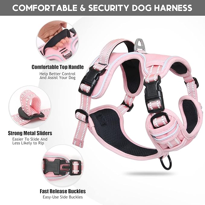 Timos Dog Harness, 3 Snap Buckles No-Pull Soft Padded Dog Vest with 2 Metal Leash Clips, Adjustable Reflective No Choke Pet Harness with Easy Control Handle for Large Dogs,Pale Pink,L-Mewly Pet