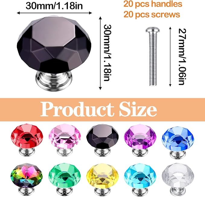 20 Pcs Dresser Crystal Knobs 30mm Glass Pull for Cabinets and Drawers Knobs for Dresser Drawers and Kitchen(10 Colors)