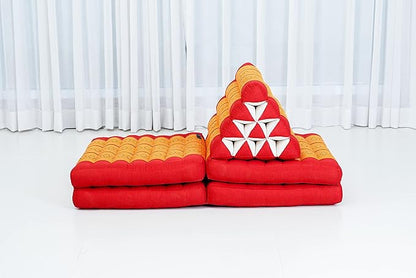 Leewadee Comfortable Japanese Floor Mattress - Thai Floor Bed with Triangle Cushion - Futon Mattress - XL Extra Long Thai Massage Mat, 89 x 20 inches, Orange Red, Kapok Filling