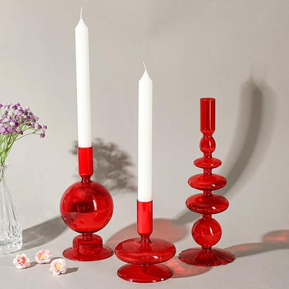 Rtteri 3 Pcs Glass Candlestick Holders Glass Candle Holders Groovy Wavy Elegant Taper Candle Stick for Wedding Home Birthday Party Christmas Halloween Decoration Windowsill Decor(Red)