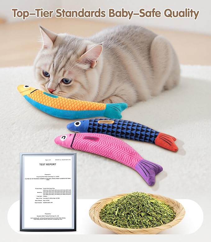 Interactive Cat Toys with[5000mg Premium A+Catnip][Baby Grade] Soft Chew Kicker Cat Toys for Indoor Cats & Kittens, Crinkle &Rattle Fish Sound Toy, Drives Bored Cats Crazy with Fun,3 Pack-Mewly Pet