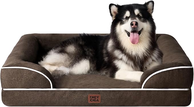 EHEYCIGA Orthopedic Dog Beds for Extra Large Dogs, Waterproof Memory Foam XXL Dog Bed with Sides, Non-Slip Bottom and Egg-Crate Foam Big Pet Couch Bed with Washable Removable Cover, Brown-Mewly Pet