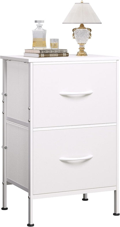 WLIVE White Nightstand, Night Stand with 2 Drawers, Small Dresser for Bedroom, Bedside Furniture, College Dorm, End Table with Fabric Bins, Dormitory, Size L