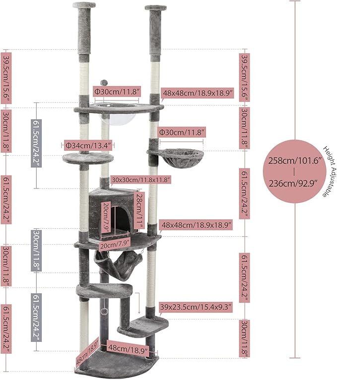 PEQULTI Floor to Ceiling Cat Tree 92.9’’-101.6’’ Height Adjustable Cat Tower Tall Kitty Climbing Play House with Scratching Posts, Cozy Condo, Perches and Large Hammock for Indoor Cats Gray-Mewly Pet