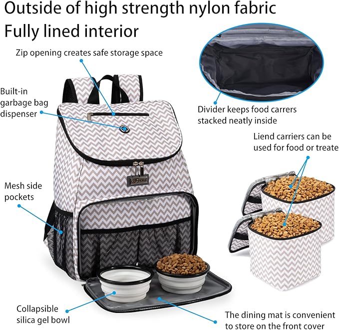 BAGLHER丨Dog Travel Bag, Airline Approved Pet Supplies Backpack, Dog Travel Backpack with 2 Silicone Collapsible Bowls and 2 Food Baskets-Mewly Pet