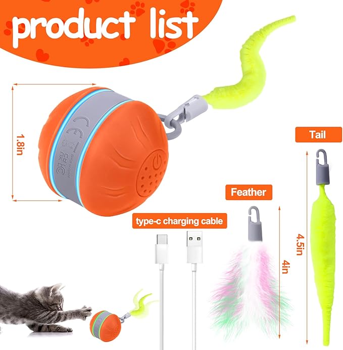 AIERSA Interactive Cat Toys for Indoor Adult Cats, Automatic Self-Play Cat Ball Toy for Kitten to Keep Them Busy, Electric Moving Chase Toy (Orange)-Mewly Pet
