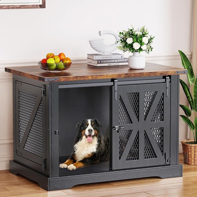 VOPEAK 40" Farmhouse Dog Crate Furniture, Heavy Duty Dog Cage for Medium Large Dogs, Dog Crate Dog Kennel Indoor with Double Doors, Chew Resistant End Table for Bedroom Living Room, Black-Mewly Pet