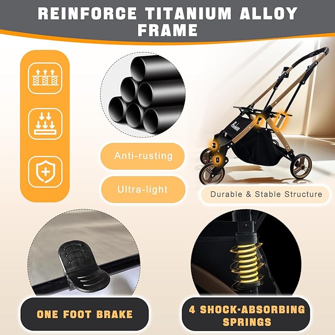 Pet Stroller for Small & Medium Dogs Cats up to 55 lbs 4-in-1 Foldable Travel Pet Stroller with Detachable Carrier Lightweight All-Terrain Spring Damping,Car Seat,Sun Canopy,Khaki-Mewly Pet