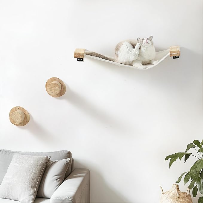 FUKUMARU Cat Wall Furniture, 2 PCS Climbing Shelves Set, Solid Rubber Wood Cat Shelf, Cats Perches for Wall Sleeping, Playing, Jumping and Lounging, 16 inch Drywall Installation-Mewly Pet