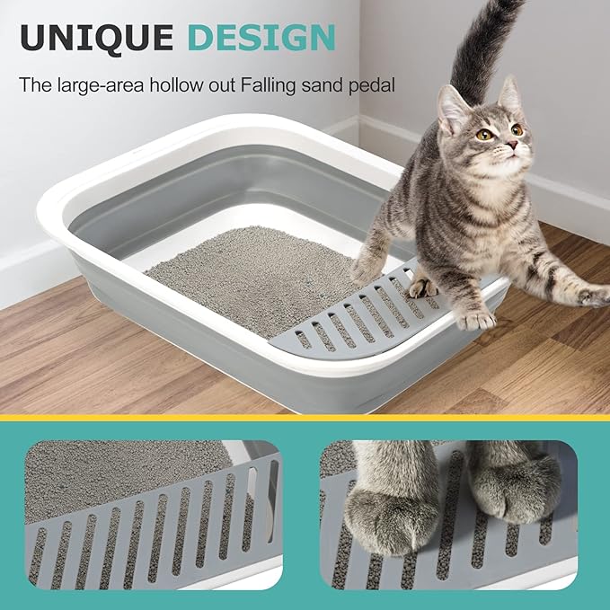 Open Top Cat Litter Box, Large Foldable Kitty Potty with Height-Adjustable Sides and Anti-Splash Design, Easy Clean with Cat Litter Scoop (Gray)-Mewly Pet