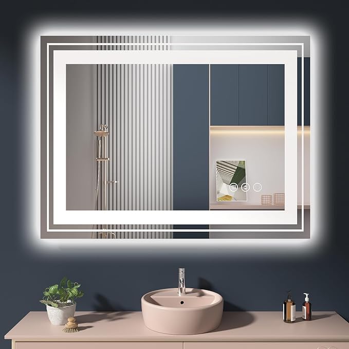 LED Bathroom Mirror, 40"X30" with Front and Backlit, Anti-Fog, Bathroom Vanity Mirror for Wall, Memory Function, Stepless Dimmable, Tempered Glass (Horizontal/Vertical)