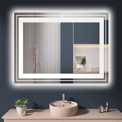 LED Bathroom Mirror, 40"X30" with Front and Backlit, Anti-Fog, Bathroom Vanity Mirror for Wall, Memory Function, Stepless Dimmable, Tempered Glass (Horizontal/Vertical)
