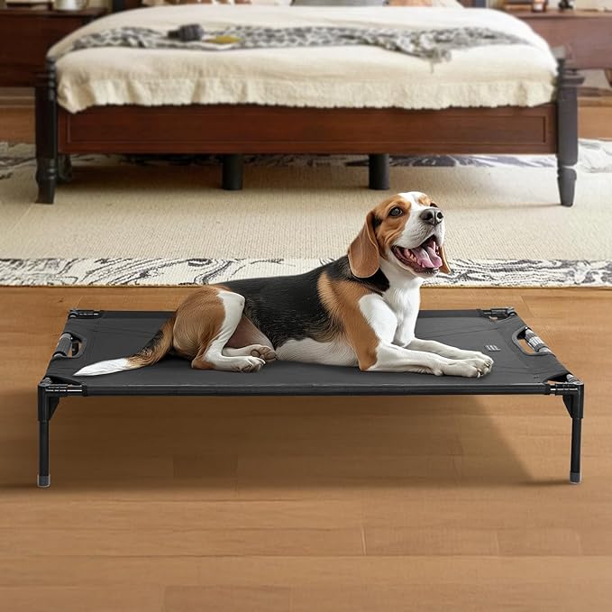 Petsfit Elevated Raised Outdoor Dog Bed - Cooling Elevated Dog Cot, Upgraded Adjustable Firmness Pet Bed，Pet Hammock Bed with Chew Proof Breathable Teslin Mesh，Non Slip, Black 42”-Mewly Pet