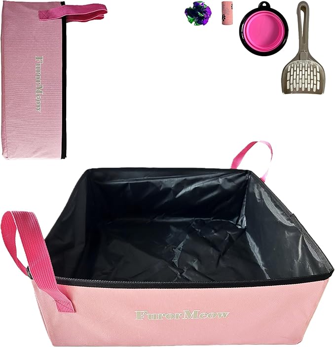 Pink Portable Cat Litter Box, Firm Waterproof Foldable for Travelling for Cats, Including Crinkle Ball, Poop Bags, Foldable Bowl and Scoop, 15.8x15.8x5.9 inches-Mewly Pet